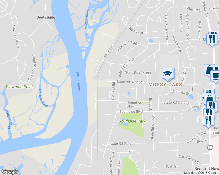 map of restaurants, bars, coffee shops, grocery stores, and more near 1106 Old Trail Road in Beaufort