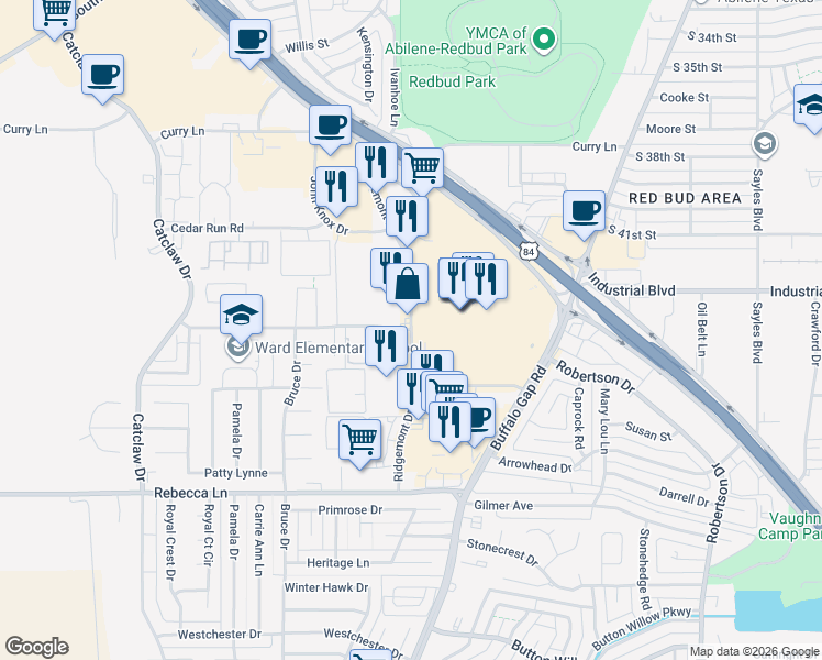 map of restaurants, bars, coffee shops, grocery stores, and more near Ridgemont Drive & Rolling Green Drive in Abilene