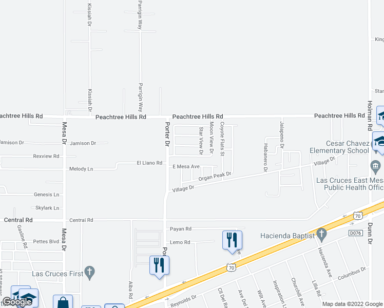 map of restaurants, bars, coffee shops, grocery stores, and more near 5915 Moon View Drive in Las Cruces