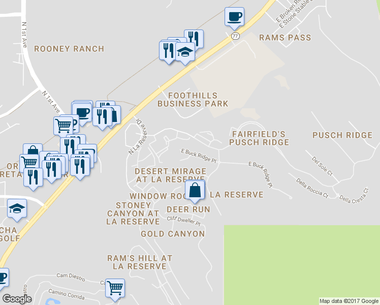 map of restaurants, bars, coffee shops, grocery stores, and more near 1700 East Buck Ridge Place in Oro Valley