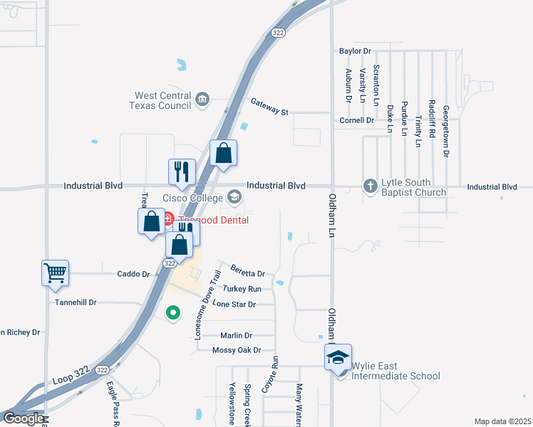 map of restaurants, bars, coffee shops, grocery stores, and more near 717 Industrial Boulevard in Abilene