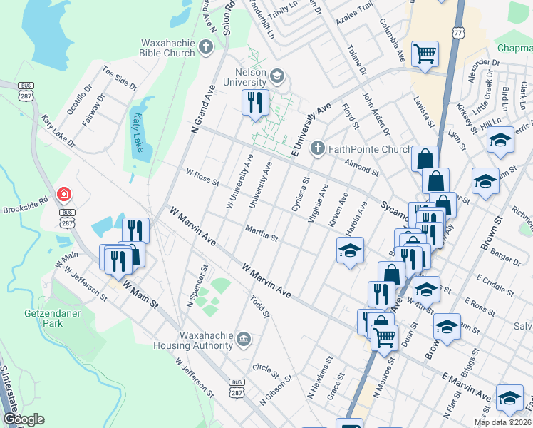 map of restaurants, bars, coffee shops, grocery stores, and more near 213 East University Avenue in Waxahachie