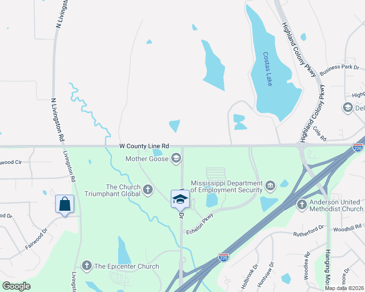 map of restaurants, bars, coffee shops, grocery stores, and more near 1459-1469 West County Line Road in Jackson
