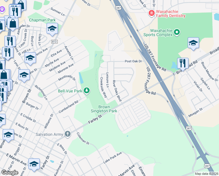 map of restaurants, bars, coffee shops, grocery stores, and more near 316 Leisure Lane in Waxahachie