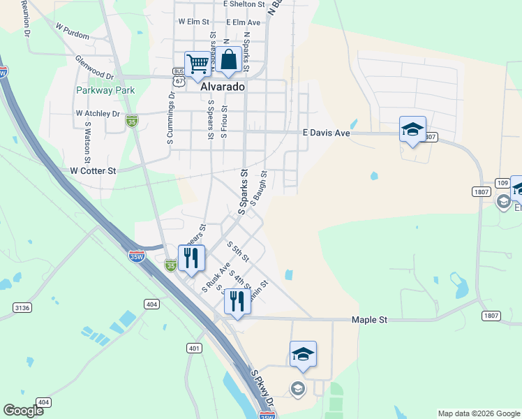 map of restaurants, bars, coffee shops, grocery stores, and more near 207 East James Avenue in Alvarado
