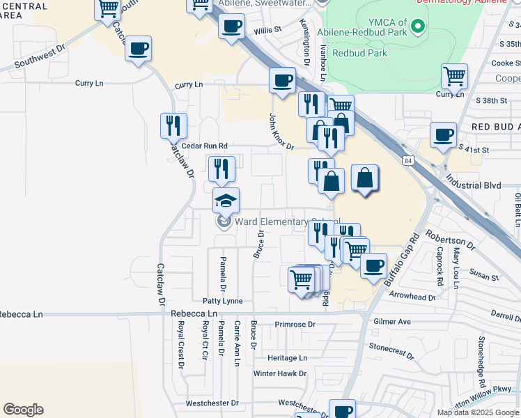 map of restaurants, bars, coffee shops, grocery stores, and more near 3539 Rolling Green Drive in Abilene