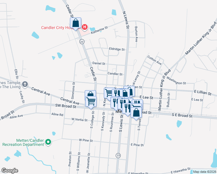 map of restaurants, bars, coffee shops, grocery stores, and more near 270 North Kennedy Street in Metter