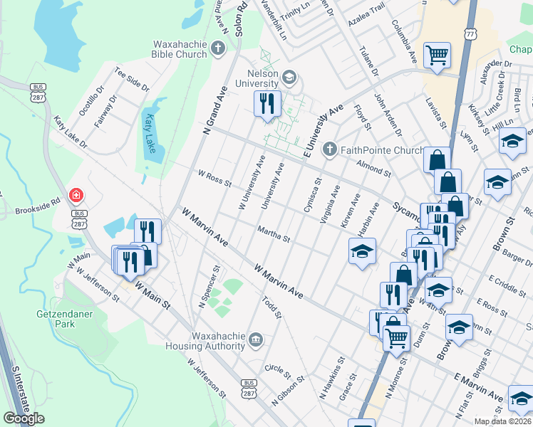 map of restaurants, bars, coffee shops, grocery stores, and more near 210 University Avenue in Waxahachie