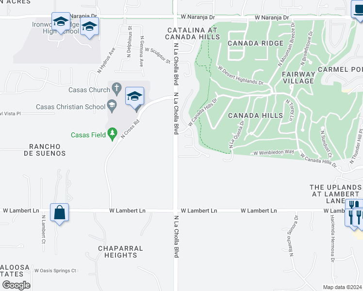 map of restaurants, bars, coffee shops, grocery stores, and more near 2092 West Hidden Pointe Court in Oro Valley