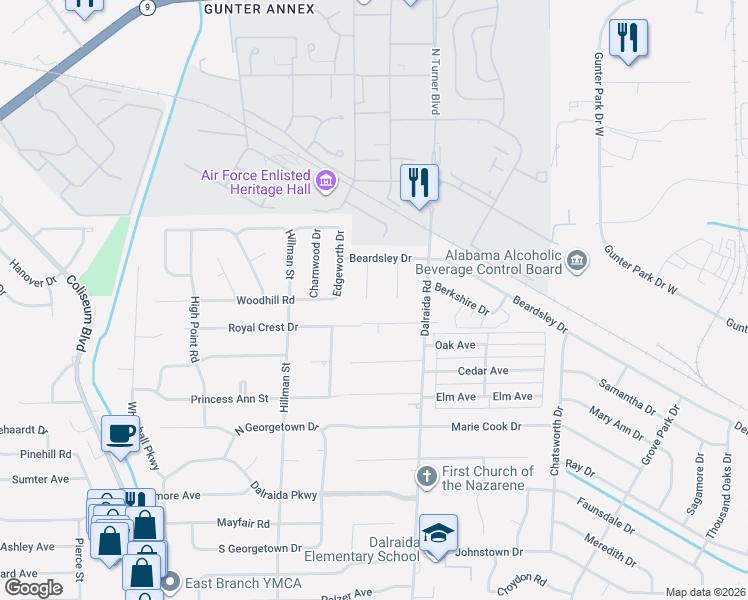map of restaurants, bars, coffee shops, grocery stores, and more near 1206 Cedric Court in Montgomery
