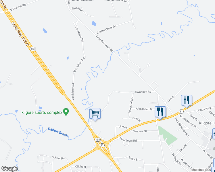 map of restaurants, bars, coffee shops, grocery stores, and more near 505 Danville Road in Kilgore