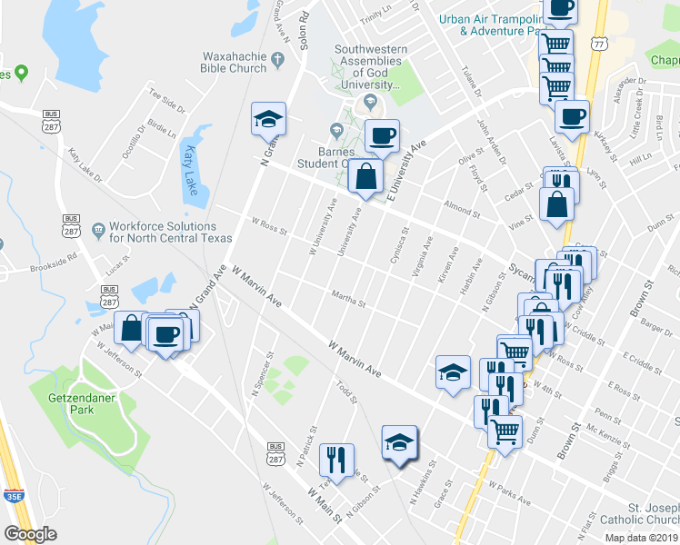 map of restaurants, bars, coffee shops, grocery stores, and more near 207 University Avenue in Waxahachie