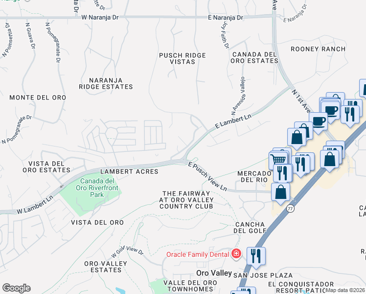 map of restaurants, bars, coffee shops, grocery stores, and more near 10670 North Hewitt Place in Oro Valley
