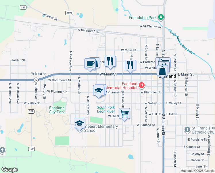 map of restaurants, bars, coffee shops, grocery stores, and more near 301 South Dixie Street in Eastland