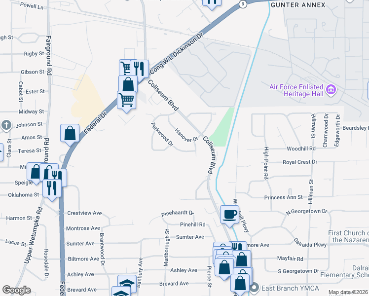 map of restaurants, bars, coffee shops, grocery stores, and more near 914 Parkwood Dr in Montgomery