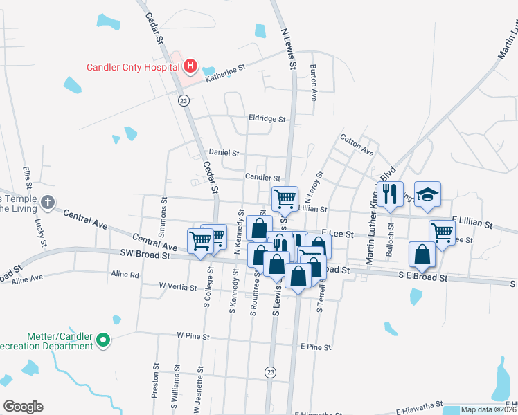 map of restaurants, bars, coffee shops, grocery stores, and more near 270 North Kennedy Street in Metter