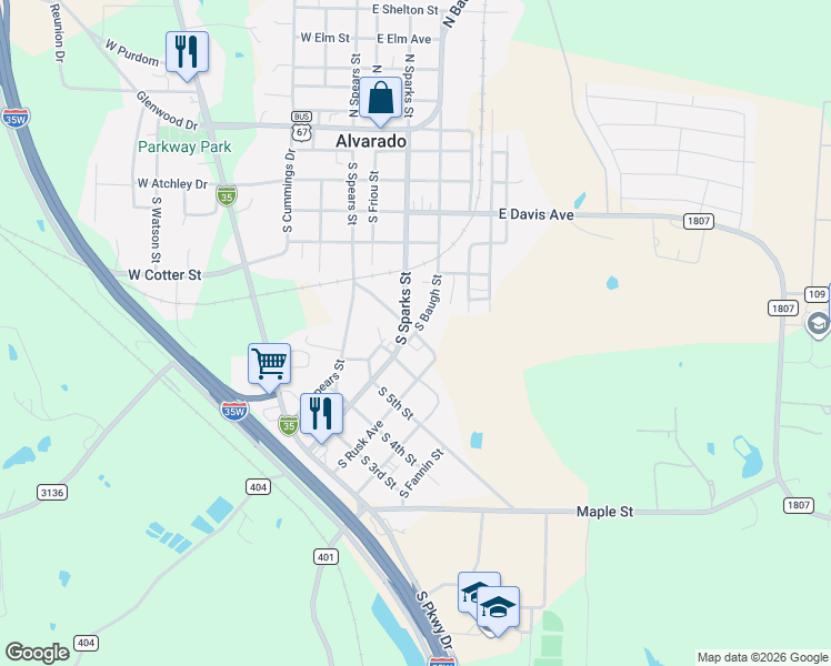 map of restaurants, bars, coffee shops, grocery stores, and more near 708 South Sparks Street in Alvarado