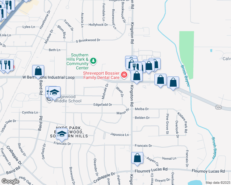 map of restaurants, bars, coffee shops, grocery stores, and more near 9221 Rhett Circle in Shreveport