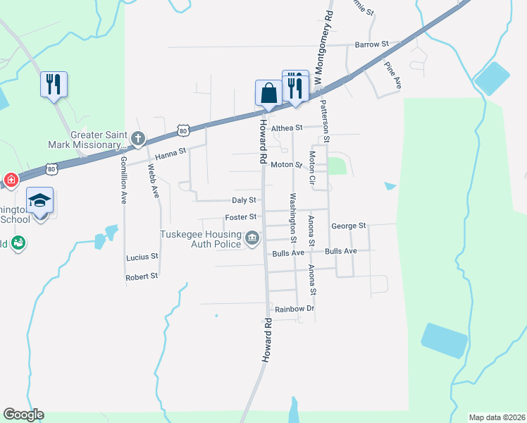 map of restaurants, bars, coffee shops, grocery stores, and more near 2809 Zinnia St in Tuskegee