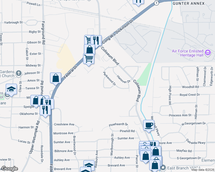 map of restaurants, bars, coffee shops, grocery stores, and more near 933 Parkwood Court in Montgomery
