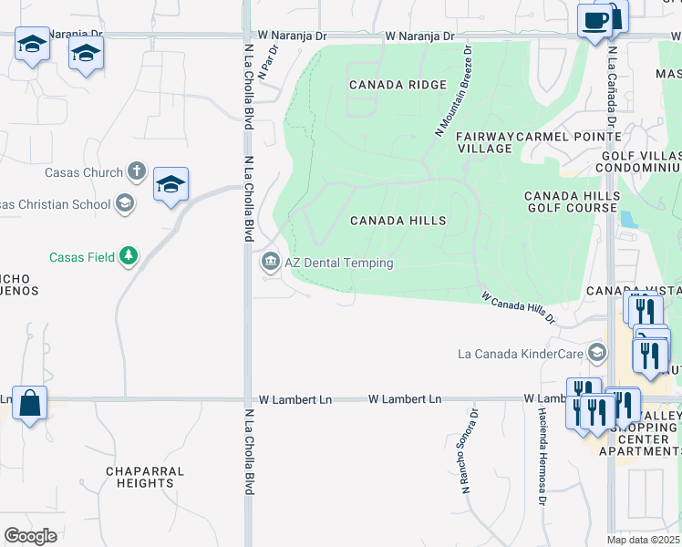 map of restaurants, bars, coffee shops, grocery stores, and more near 10679 North La Quinta Drive in Tucson