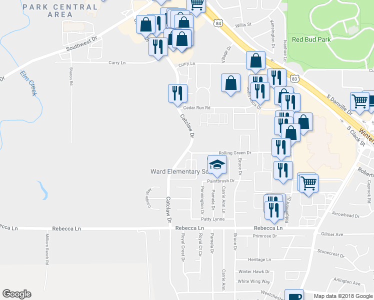 map of restaurants, bars, coffee shops, grocery stores, and more near 4106 Rolling Green Drive in Abilene