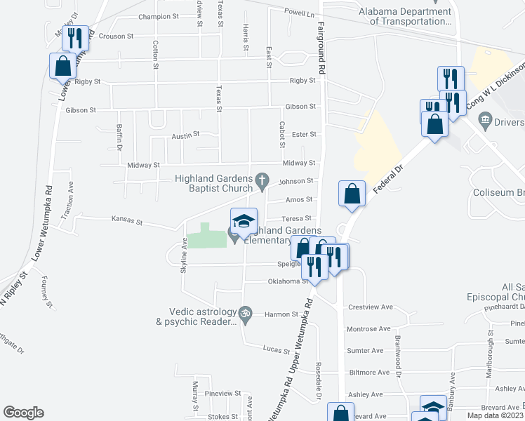 map of restaurants, bars, coffee shops, grocery stores, and more near 2755 Clara Street in Montgomery