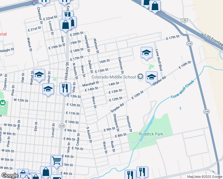 map of restaurants, bars, coffee shops, grocery stores, and more near 907 13th St in Colorado City