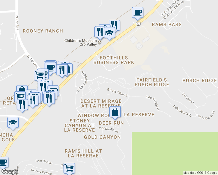 map of restaurants, bars, coffee shops, grocery stores, and more near 1655 East Buck Ridge Place in Oro Valley