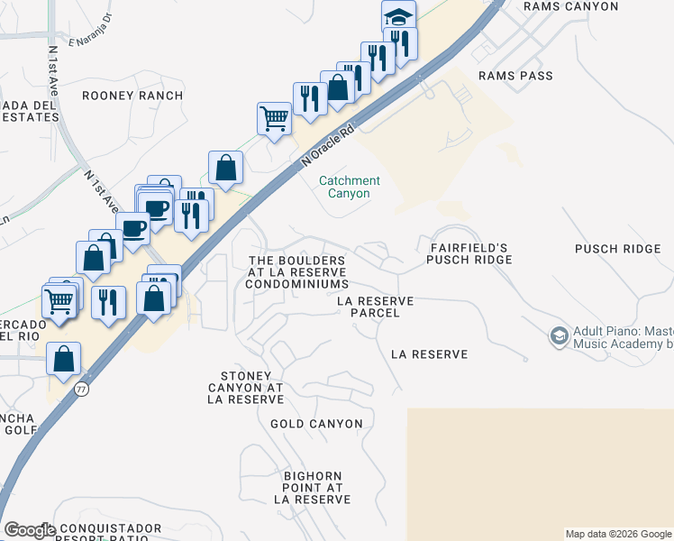 map of restaurants, bars, coffee shops, grocery stores, and more near 1700 East Buck Ridge Place in Oro Valley
