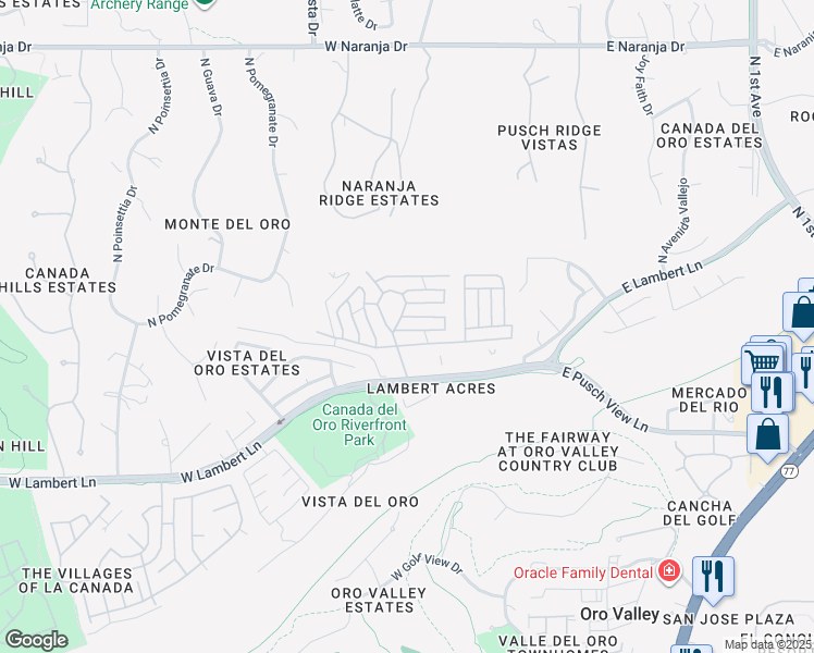 map of restaurants, bars, coffee shops, grocery stores, and more near 316 West Shenandoah Street in Oro Valley