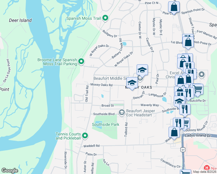 map of restaurants, bars, coffee shops, grocery stores, and more near 1100 Hookstra Lane in Beaufort