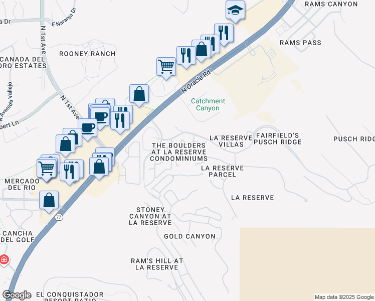 map of restaurants, bars, coffee shops, grocery stores, and more near 1500 East Pusch Wilderness Drive in Oro Valley