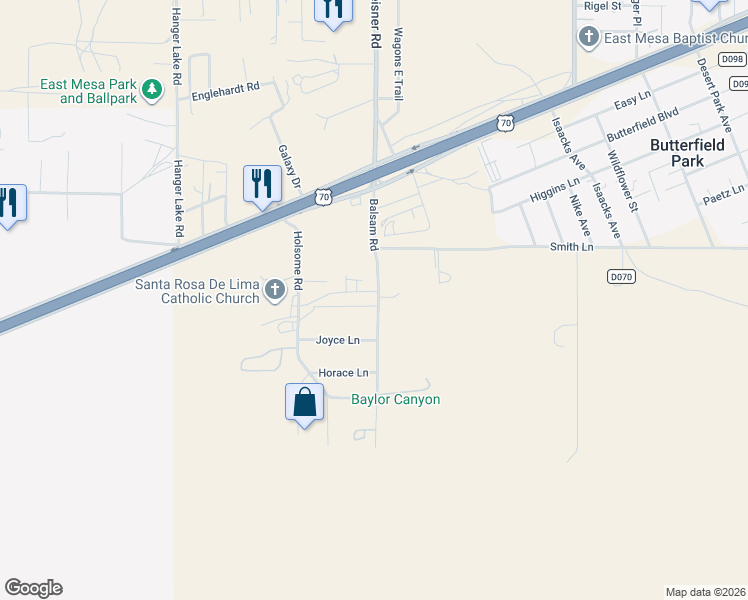map of restaurants, bars, coffee shops, grocery stores, and more near 5135-5225 Balsam Road in Las Cruces