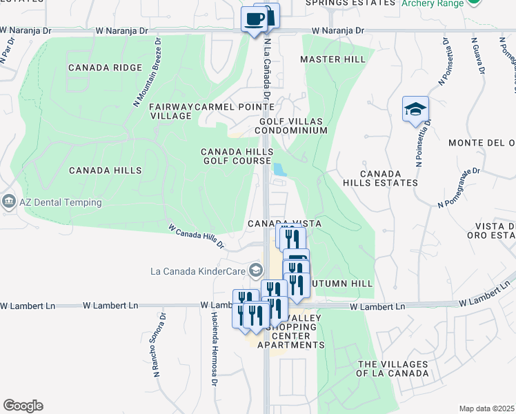 map of restaurants, bars, coffee shops, grocery stores, and more near 10661 North Thunder Hill Place in Tucson