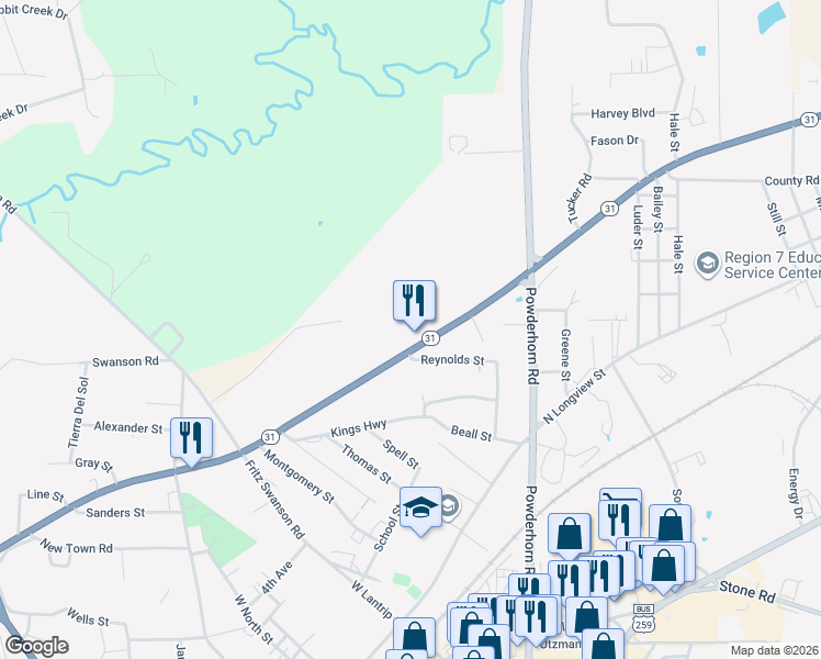 map of restaurants, bars, coffee shops, grocery stores, and more near 617 Texas 31 in Kilgore