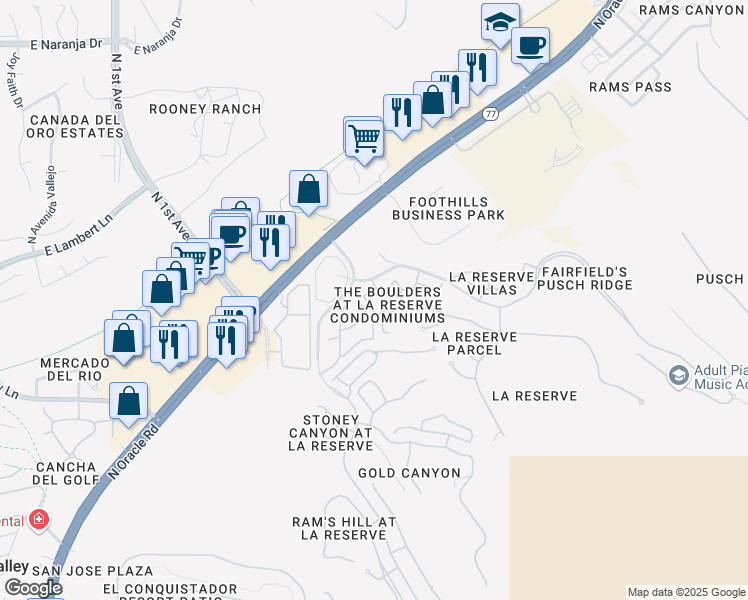 map of restaurants, bars, coffee shops, grocery stores, and more near 10950 Cañada del Oro River Park in Tucson