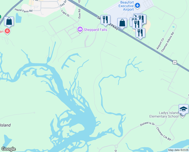 map of restaurants, bars, coffee shops, grocery stores, and more near 74 Lost Island Road in Beaufort