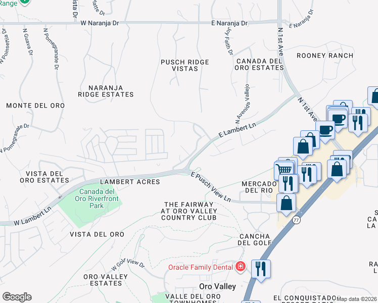 map of restaurants, bars, coffee shops, grocery stores, and more near 10670 North Hewitt Place in Oro Valley