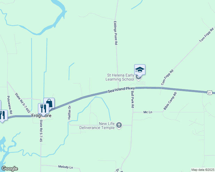 map of restaurants, bars, coffee shops, grocery stores, and more near 969-973 Sea Island Pkwy in St Helena Island
