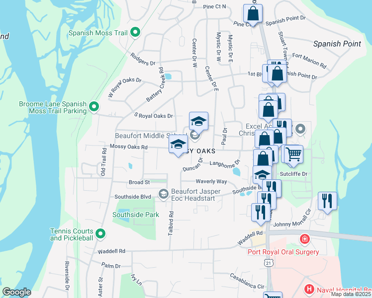 map of restaurants, bars, coffee shops, grocery stores, and more near 2510 Mossy Oaks Road in Beaufort