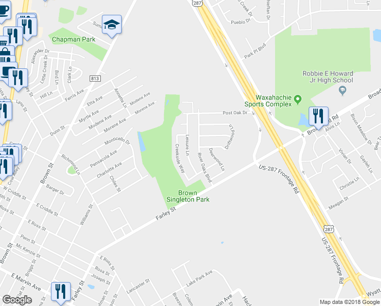 map of restaurants, bars, coffee shops, grocery stores, and more near 322 Leisure Lane in Waxahachie