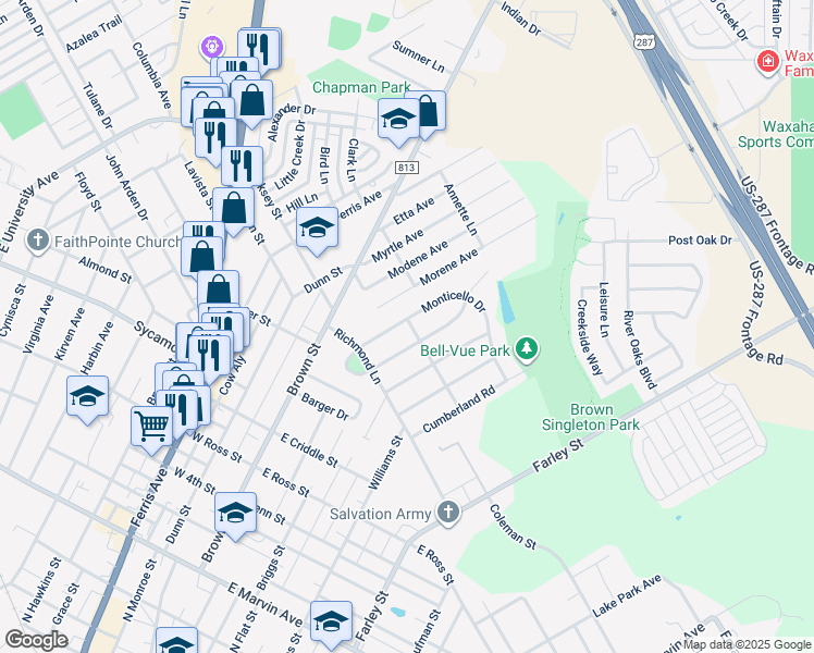 map of restaurants, bars, coffee shops, grocery stores, and more near 114 Monticello Drive in Waxahachie