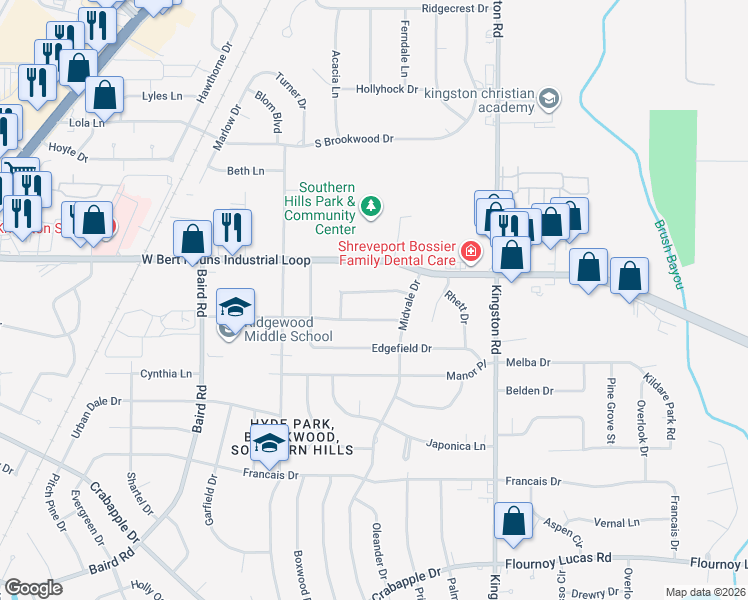 map of restaurants, bars, coffee shops, grocery stores, and more near 1017 Belhaven Avenue in Shreveport