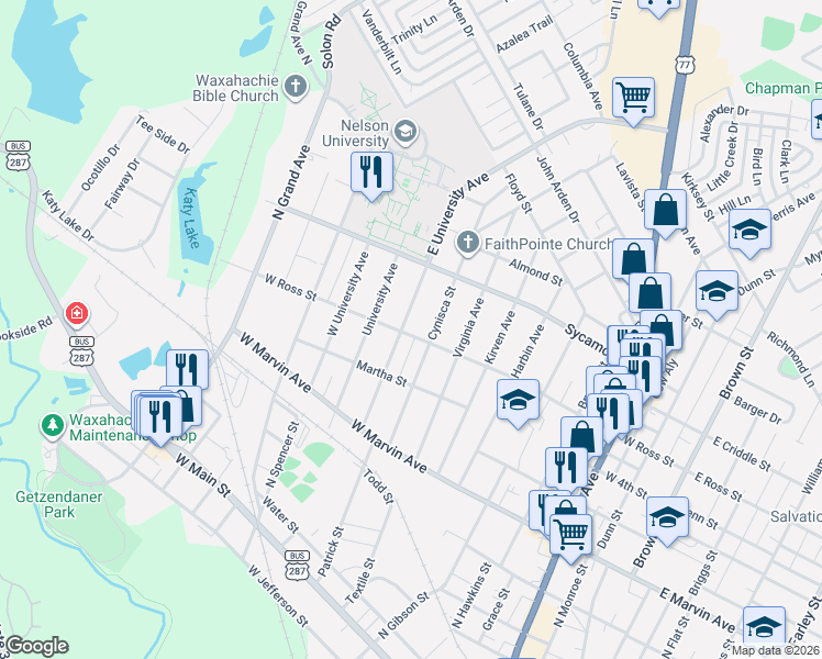 map of restaurants, bars, coffee shops, grocery stores, and more near 213 East University Avenue in Waxahachie