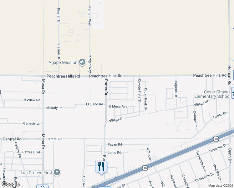 map of restaurants, bars, coffee shops, grocery stores, and more near 6116 High Desert Drive in Las Cruces
