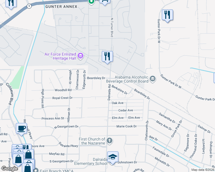 map of restaurants, bars, coffee shops, grocery stores, and more near 1155 Dalraida Road in Montgomery