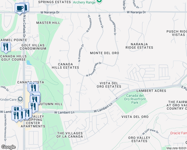 map of restaurants, bars, coffee shops, grocery stores, and more near 830 Pomegranate Circle in Oro Valley