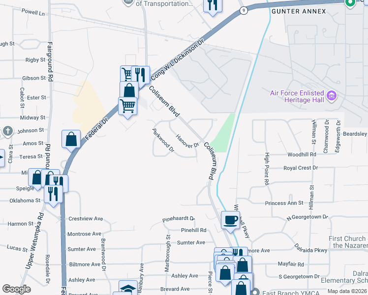 map of restaurants, bars, coffee shops, grocery stores, and more near 914 Parkwood Drive in Montgomery