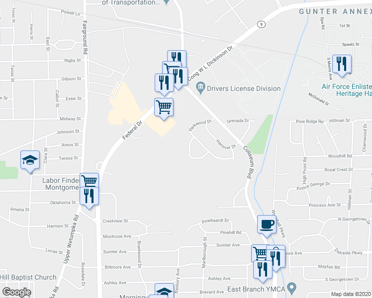 map of restaurants, bars, coffee shops, grocery stores, and more near 961 Parkwood Court in Montgomery